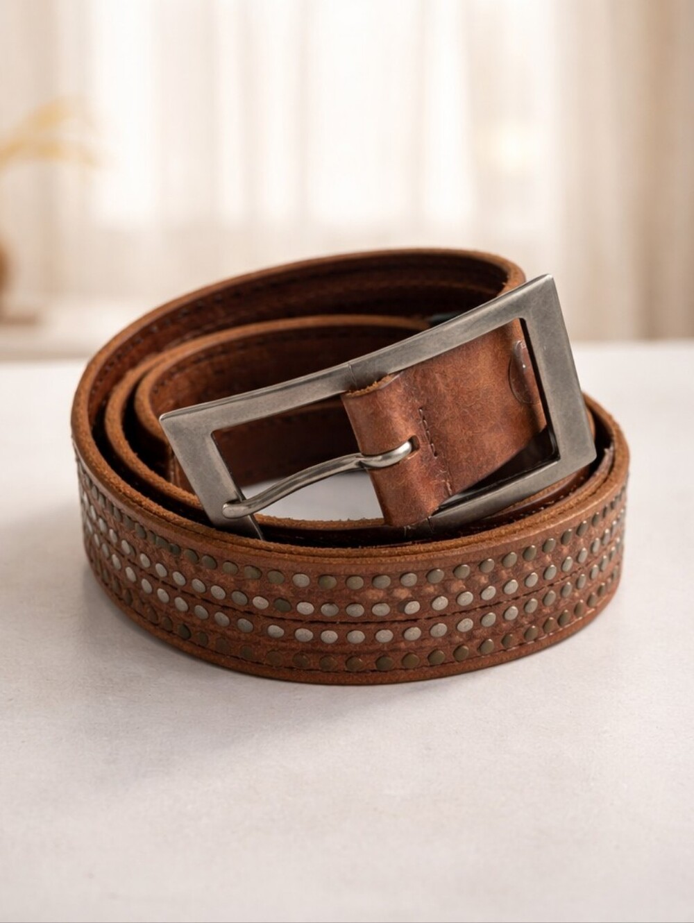 Hugo Boss Studded Brown Leather Belt with Silver Buckle